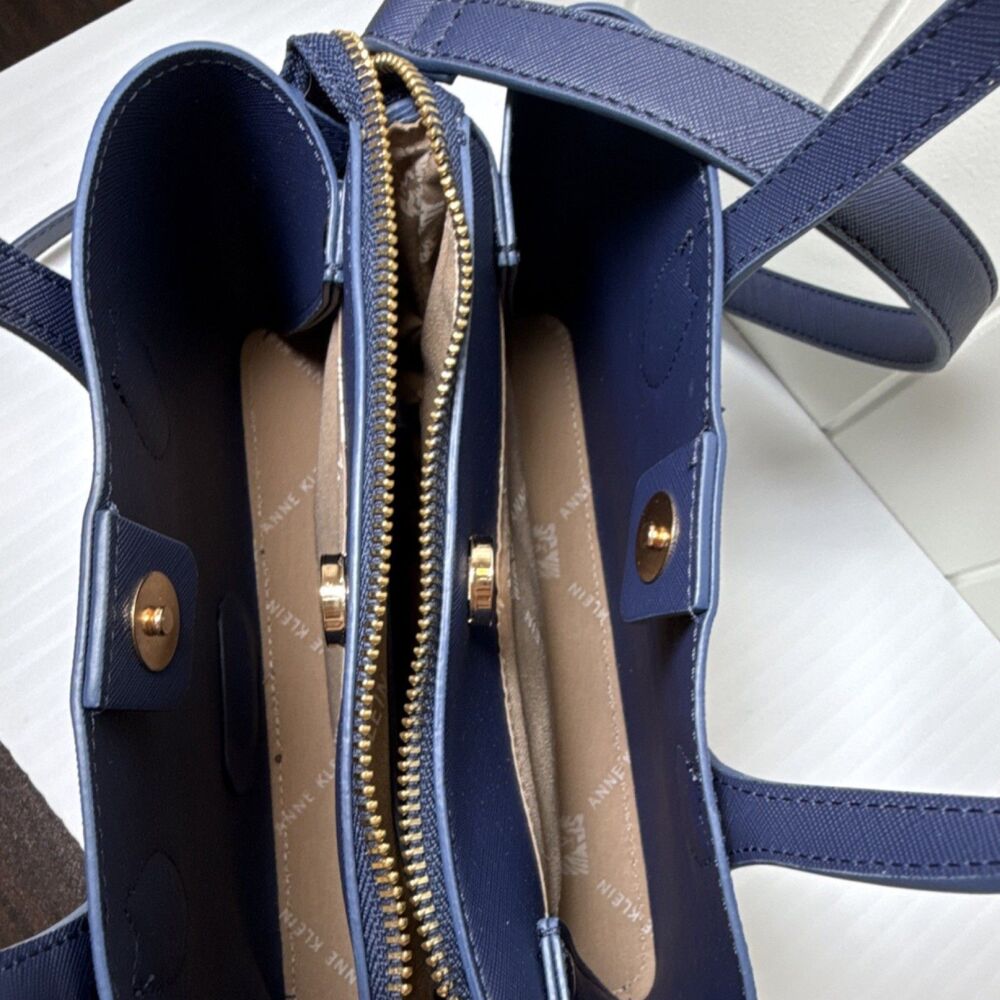 Anne Klein Navy Blue Satchel Gold Hardware Detachable Adjustable Strap Pockets - Picture 10 of 13